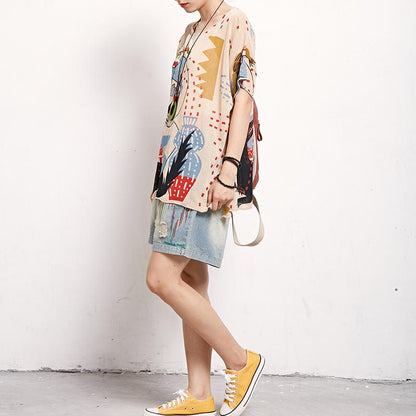 Print Round Neck Short Sleeve Blouse