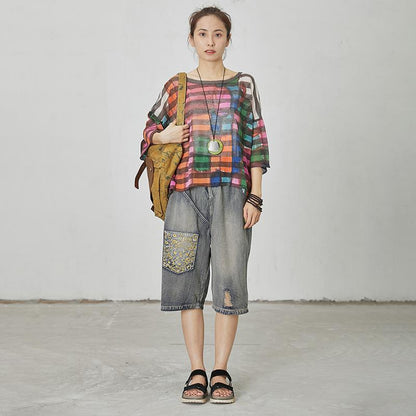 Print Round Neck Striped Short Sleeve Blouse