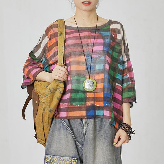 Print Round Neck Striped Short Sleeve Blouse