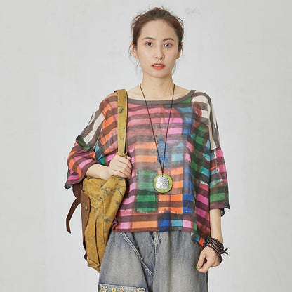 Print Round Neck Striped Short Sleeve Blouse