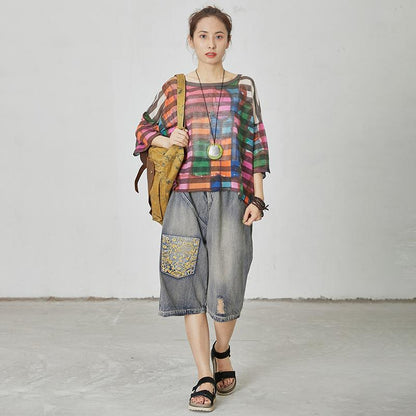 Print Round Neck Striped Short Sleeve Blouse