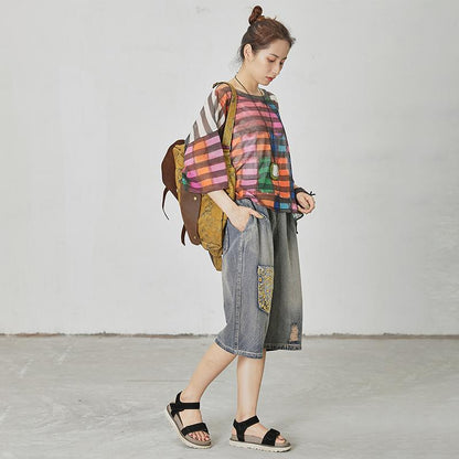 Print Round Neck Striped Short Sleeve Blouse