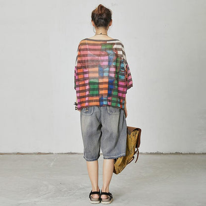 Print Round Neck Striped Short Sleeve Blouse