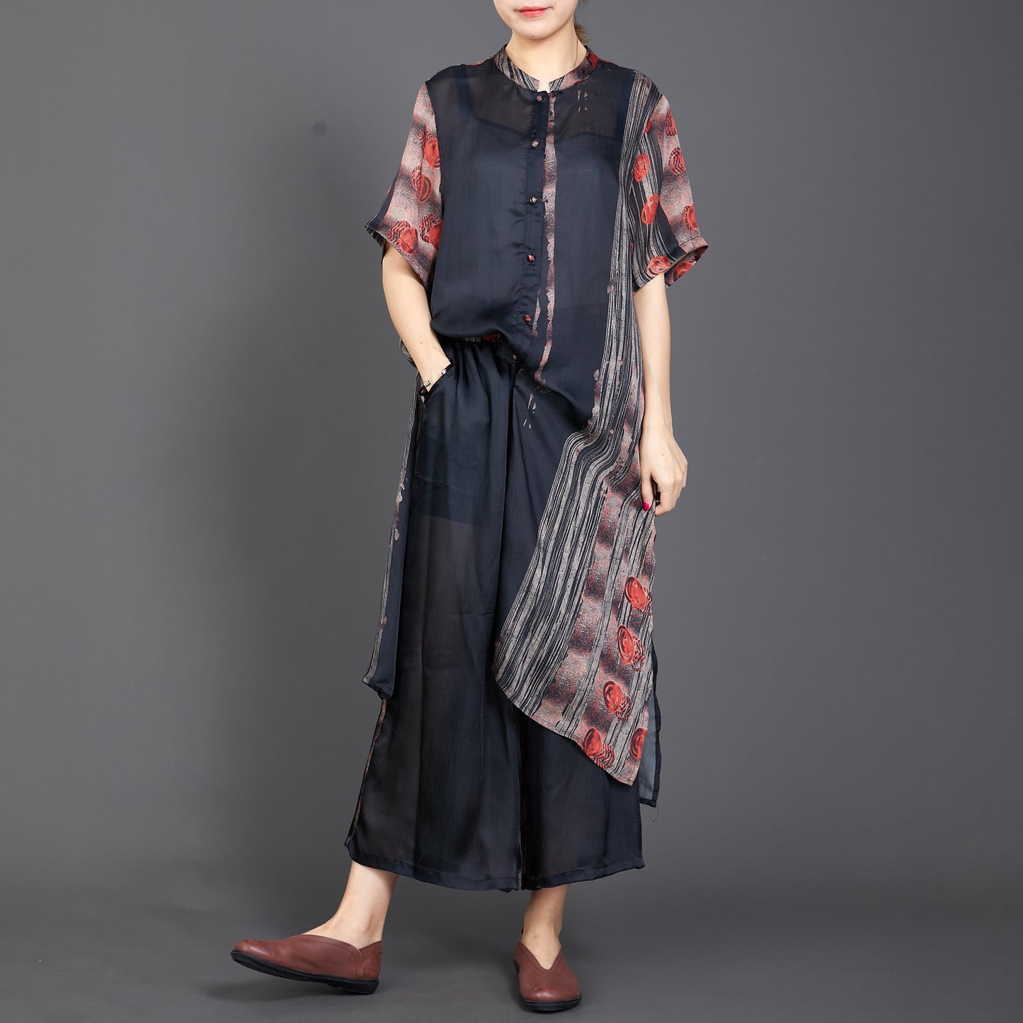 Print Short Sleeve Blouse And Wide Leg Pants