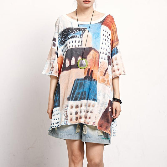 Print Short Sleeve Round Neck Casual Blouse