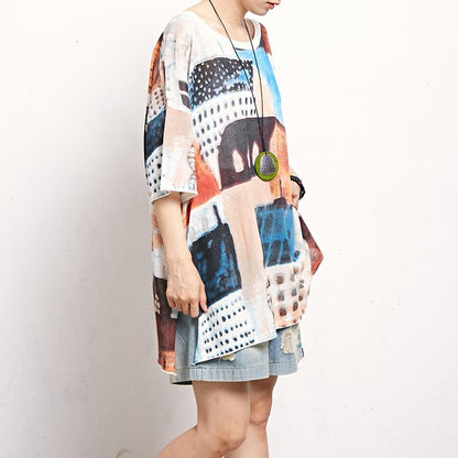 Print Short Sleeve Round Neck Casual Blouse