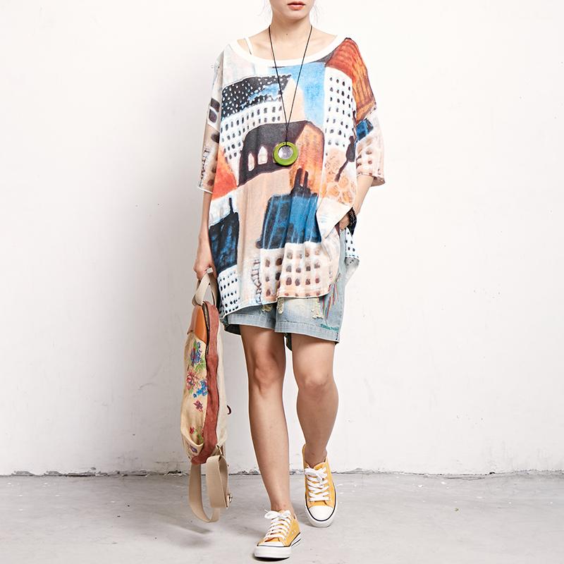 Print Short Sleeve Round Neck Casual Blouse