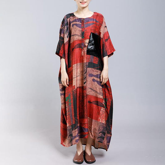 Print Short Sleeve Stand Collar Button Pockets Dress