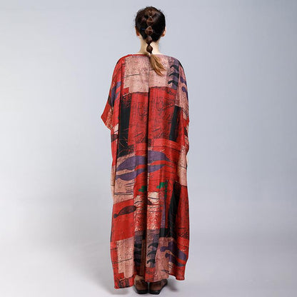 Print Short Sleeve Stand Collar Button Pockets Dress