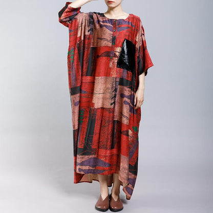 Print Short Sleeve Stand Collar Button Pockets Dress