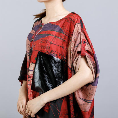Print Short Sleeve Stand Collar Button Pockets Dress