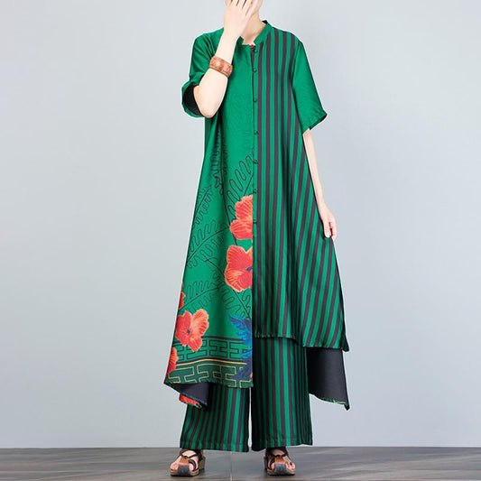 Print Spliced Short Sleeve Blouse And Wide Leg Pants