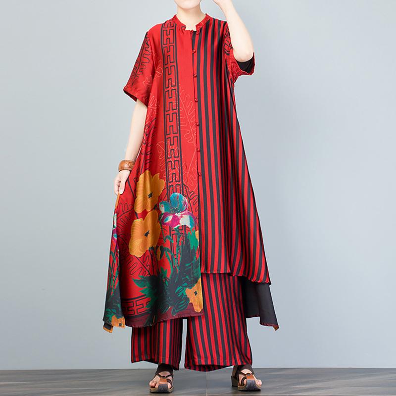 Print Spliced Short Sleeve Blouse And Wide Leg Pants
