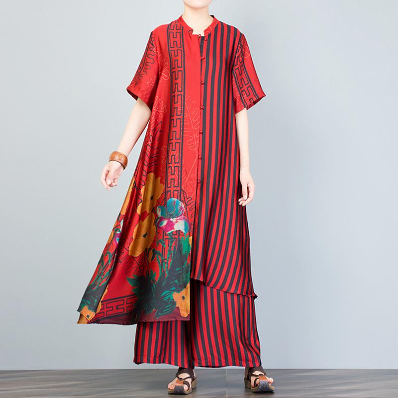 Print Spliced Short Sleeve Blouse And Wide Leg Pants