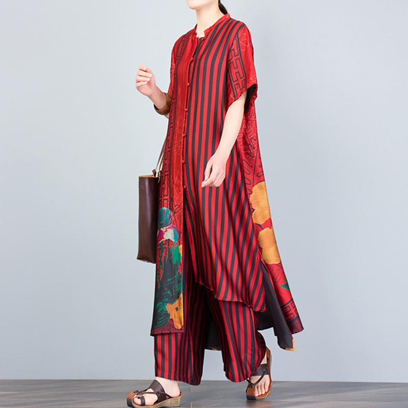 Print Spliced Short Sleeve Blouse And Wide Leg Pants