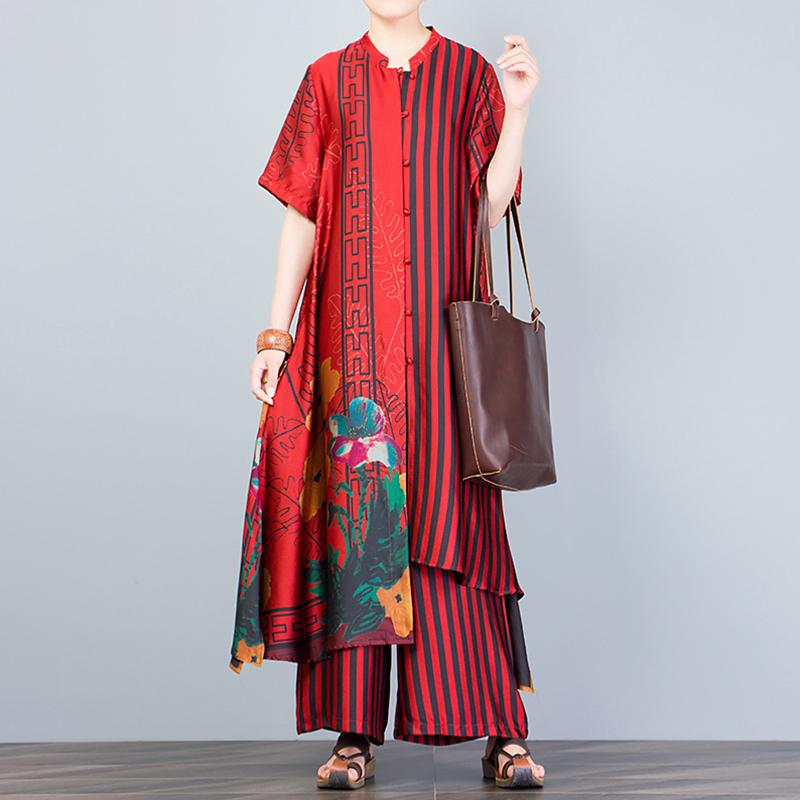 Print Spliced Short Sleeve Blouse And Wide Leg Pants