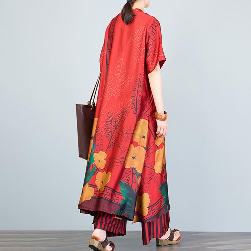 Print Spliced Short Sleeve Blouse And Wide Leg Pants