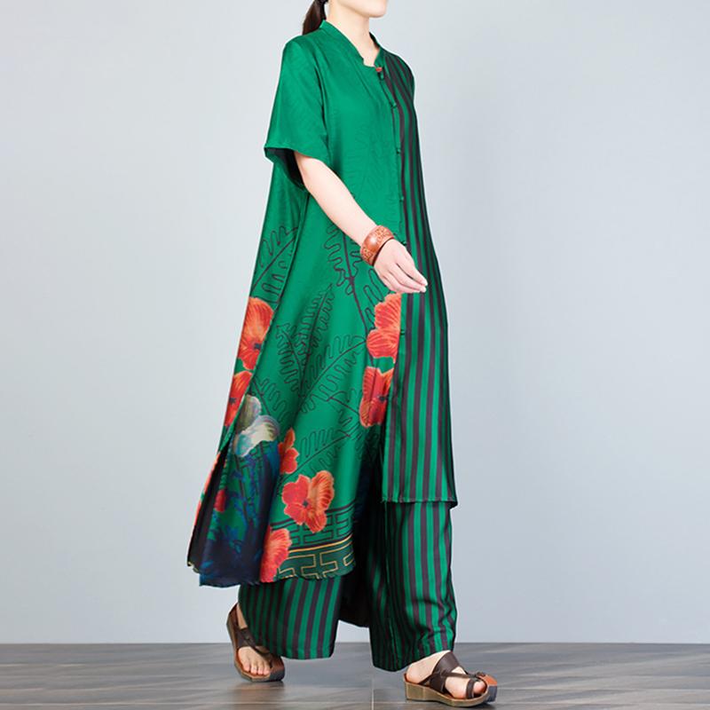 Print Spliced Short Sleeve Blouse And Wide Leg Pants