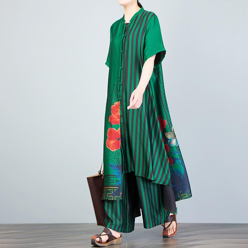 Print Spliced Short Sleeve Blouse And Wide Leg Pants