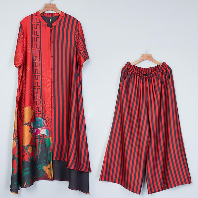 Print Spliced Short Sleeve Blouse And Wide Leg Pants