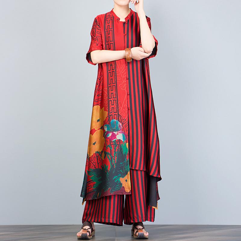 Print Spliced Short Sleeve Blouse And Wide Leg Pants