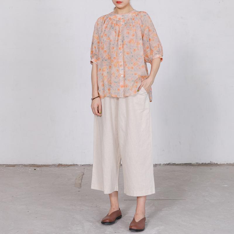 Print Stand Collar  Casual Women Blouse