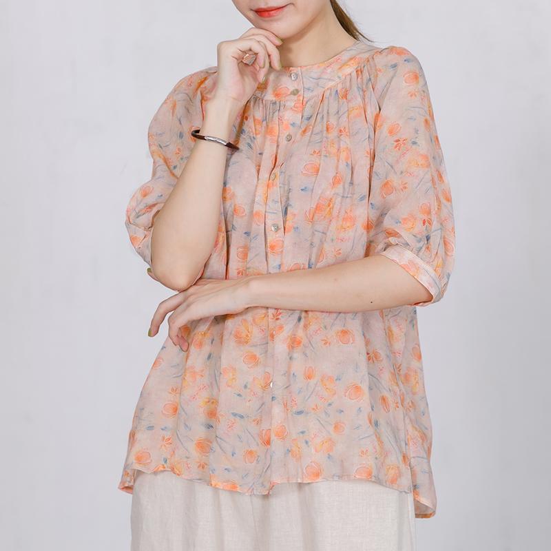 Print Stand Collar  Casual Women Blouse