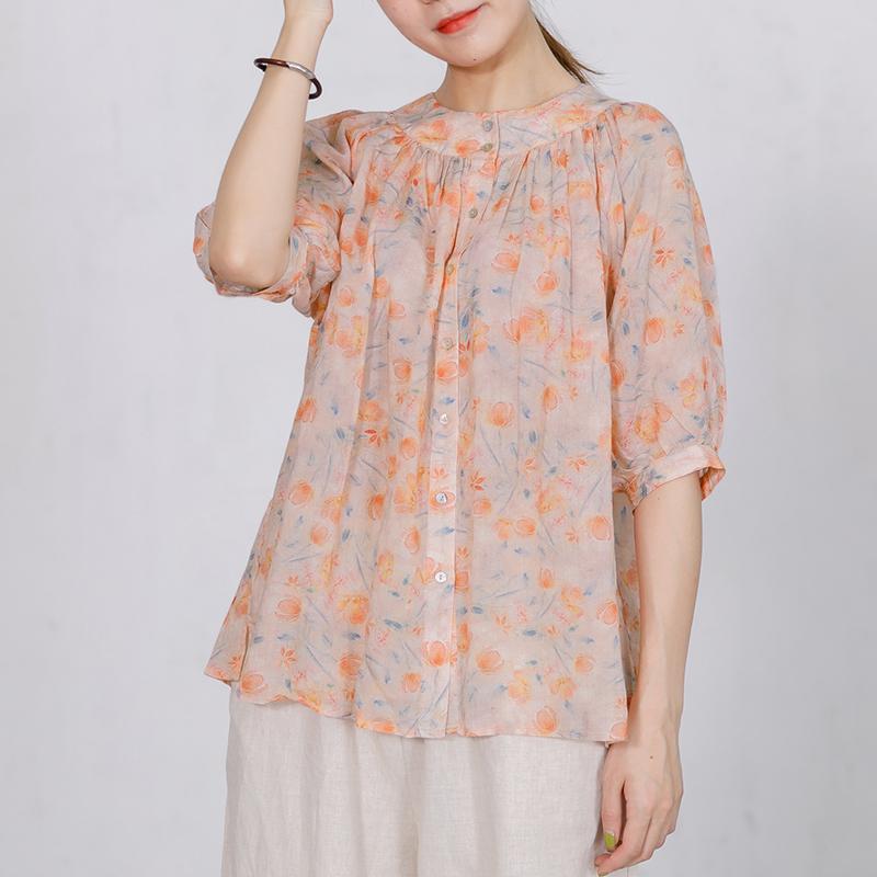 Print Stand Collar  Casual Women Blouse