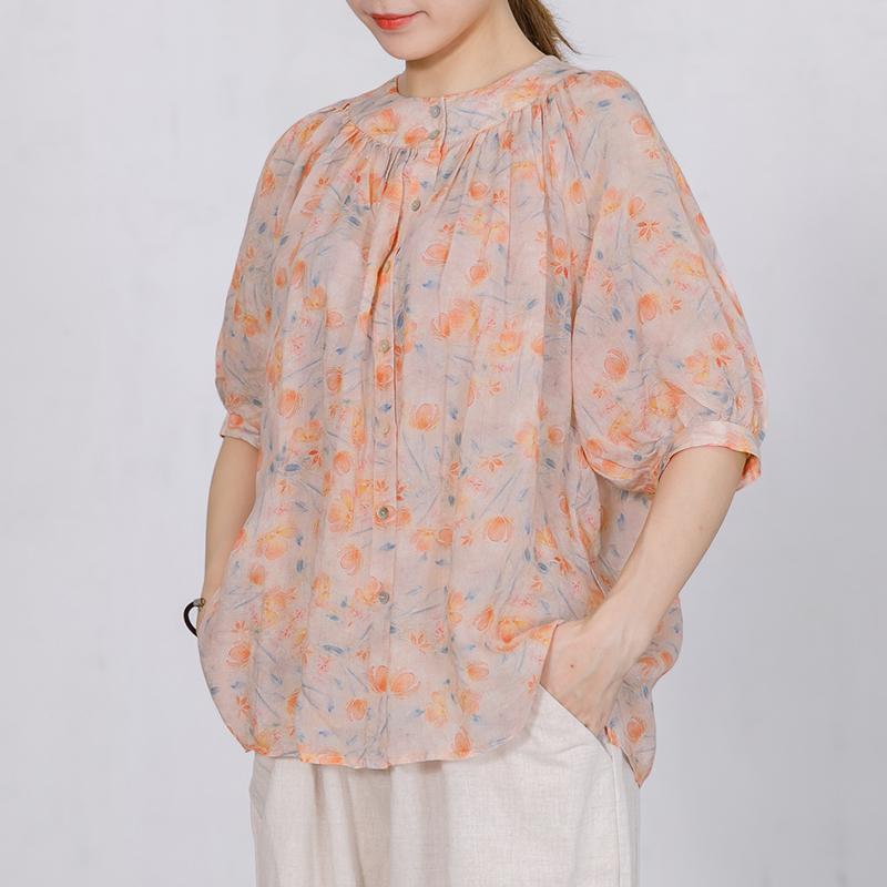 Print Stand Collar  Casual Women Blouse