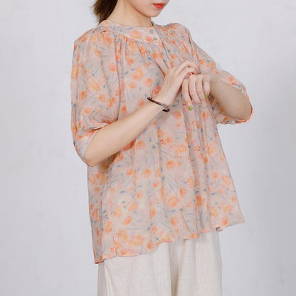 Print Stand Collar  Casual Women Blouse