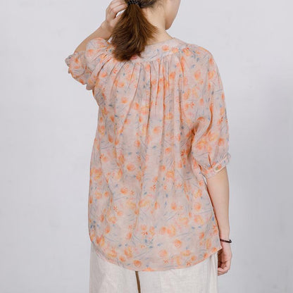 Print Stand Collar  Casual Women Blouse