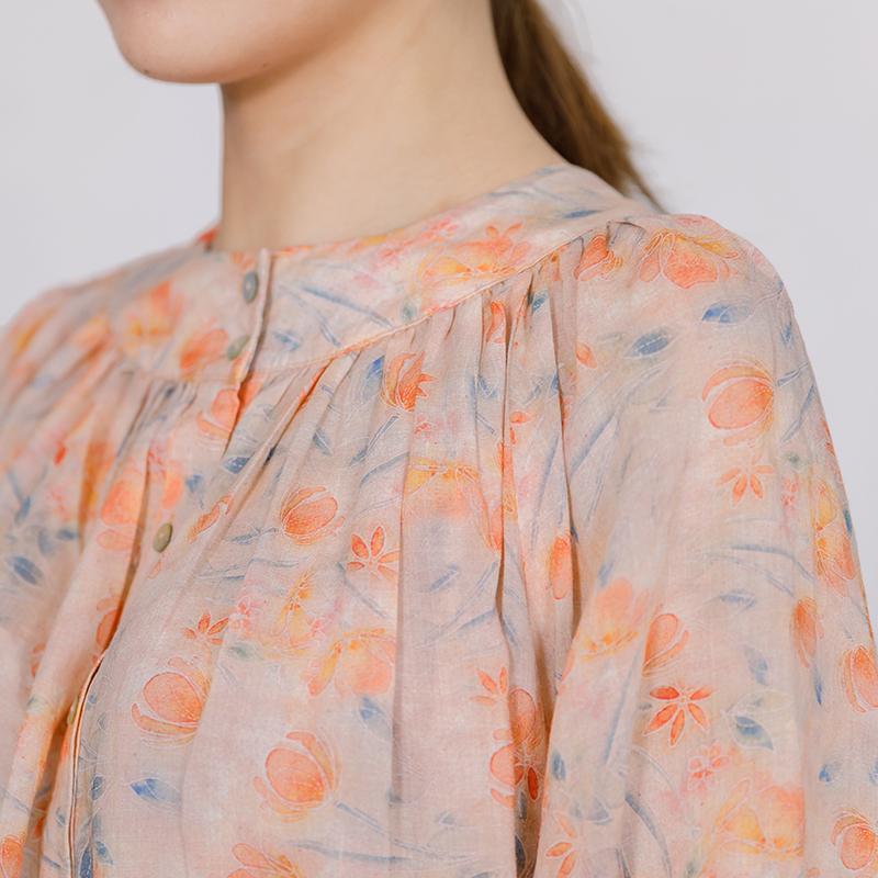 Print Stand Collar  Casual Women Blouse