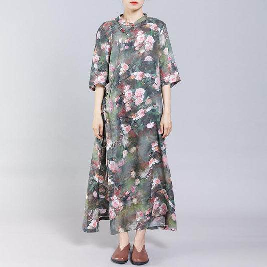 Print Stand Collar Frog Drawstring Women Dress
