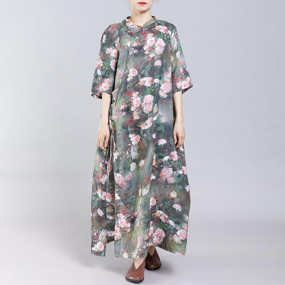 Print Stand Collar Frog Drawstring Women Dress