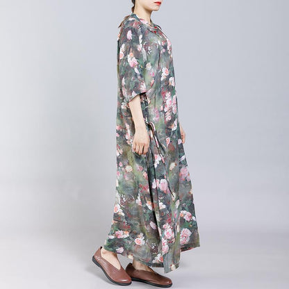 Print Stand Collar Frog Drawstring Women Dress
