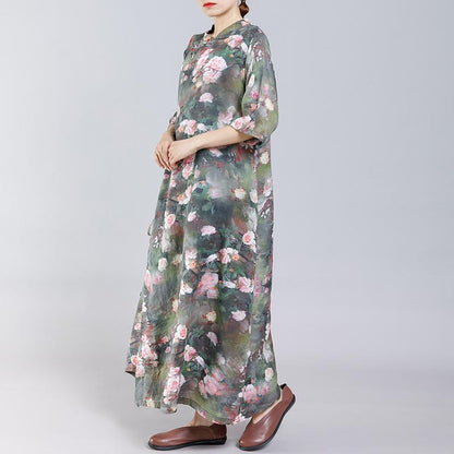 Print Stand Collar Frog Drawstring Women Dress