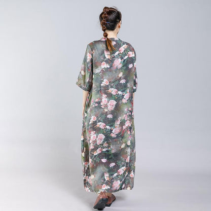 Print Stand Collar Frog Drawstring Women Dress