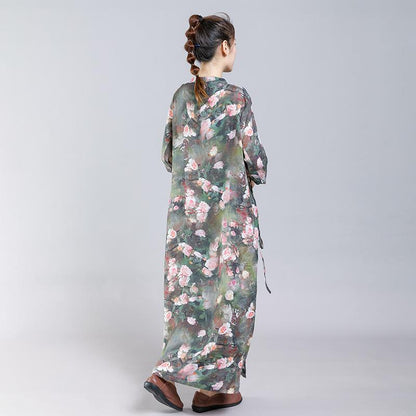 Print Stand Collar Frog Drawstring Women Dress