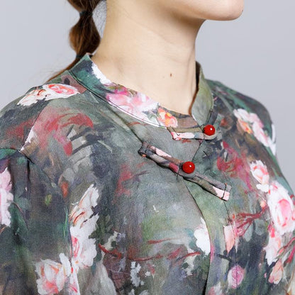 Print Stand Collar Frog Drawstring Women Dress