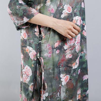 Print Stand Collar Frog Drawstring Women Dress