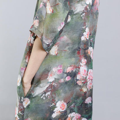 Print Stand Collar Frog Drawstring Women Dress