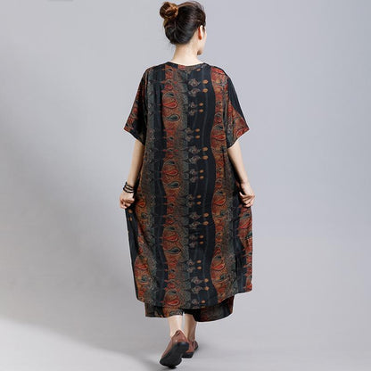 Print Stand Collar Irregular Blouse And Wide Leg Pants