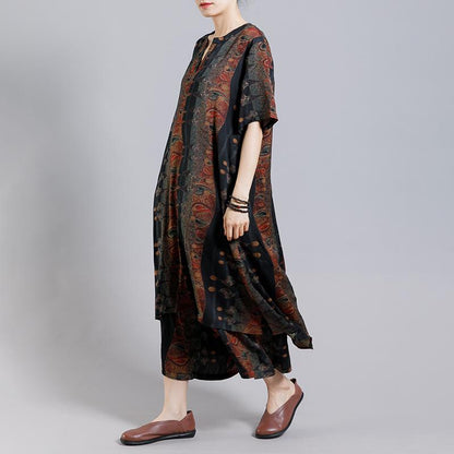 Print Stand Collar Irregular Blouse And Wide Leg Pants
