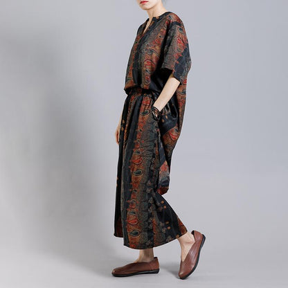 Print Stand Collar Irregular Blouse And Wide Leg Pants