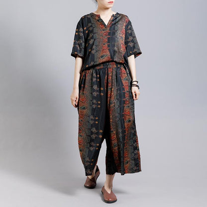 Print Stand Collar Irregular Blouse And Wide Leg Pants