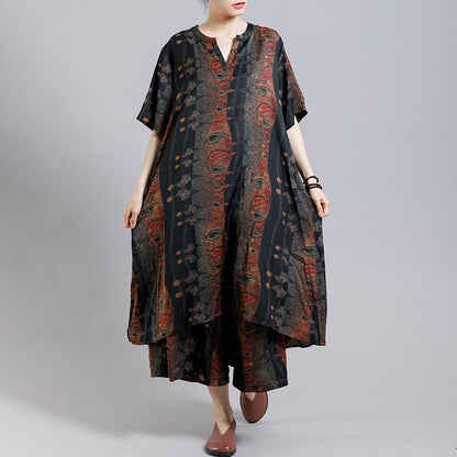Print Stand Collar Irregular Blouse And Wide Leg Pants