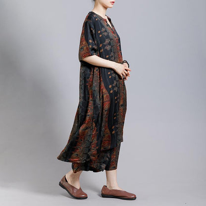 Print Stand Collar Irregular Blouse And Wide Leg Pants