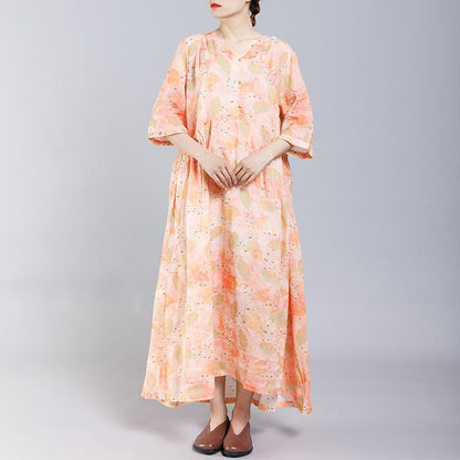 Print V-Neck Button Casual Women Dress