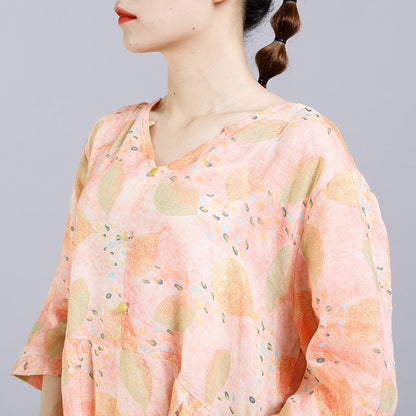 Print V-Neck Button Casual Women Dress
