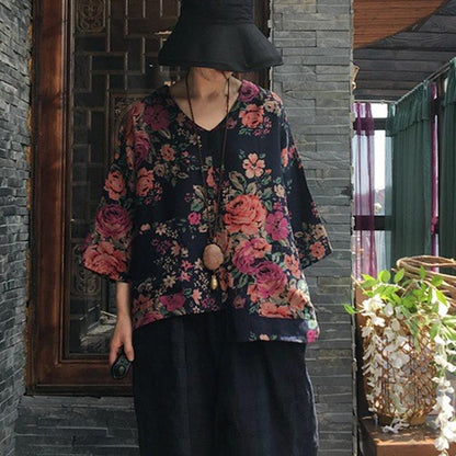 Print V-neck Autumn Long Sleeve Cotton Blouse